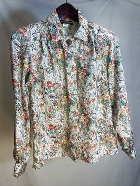 Size M 90's Floral Silk-Look Long Sleeve Blouse with Shoulder Pads